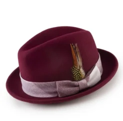 Wool Felt Fedora With Feather Accent In Burgundy