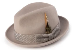 Wool Felt Pinch Front Khaki Fedora With Feather Accent