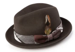 Wool Felt Pinch Front Brown Fedora With Feather Accent