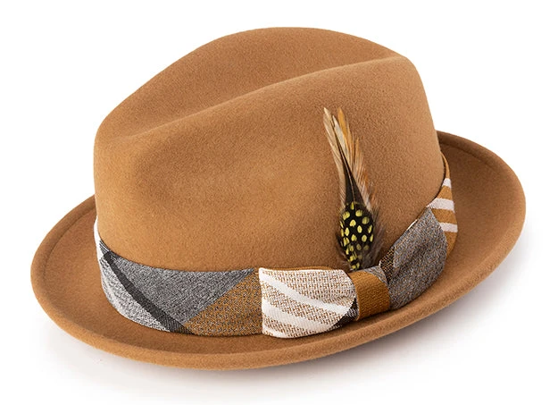 Wool Felt Pinch Front Tan Fedora With Feather Accent 1 Wool Felt Pinch Front Tan Fedora With Feather Accent
