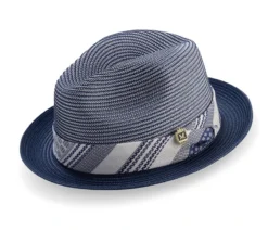 Navy Two Tone Braided Pinch Fedora Matching Grosgrain Ribbon