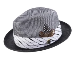 Black 2" Brim Pinch Braided Fedora With Matching Plaid Ribbon