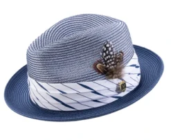 Navy 2" Brim Pinch Braided Fedora With Matching Plaid Ribbon