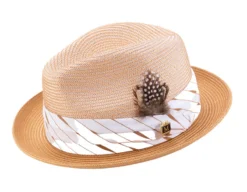 Cognac 2" Brim Pinch Braided Fedora With Matching Plaid Ribbon