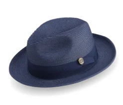 Navy Braided Wide Brim Pinch Fedora Matching Grosgrain Ribbon