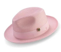 Pink Braided Wide Brim Pinch Fedora Matching Grosgrain Ribbon
