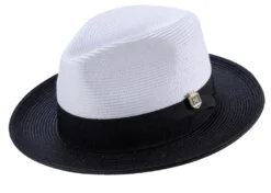 Black Two-Tone Wide Brim Matching Grosgrain Ribbon Straw Fedora