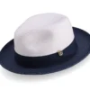 Navy Two-Tone Wide Brim Matching Grosgrain Ribbon Straw Fedora