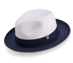 Navy Two-Tone Wide Brim Matching Grosgrain Ribbon Straw Fedora