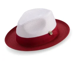 Red Two-Tone Wide Brim Matching Grosgrain Ribbon Straw Fedora