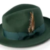 Wool Felt Fedora Pinch Front With Feather Accent In Hunter Green