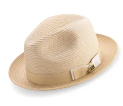 Beige Men's Two Tone Braided Pinch Fedora With Grosgrain Ribbon