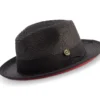 Black Wide Brim Braided Pinch Fedora Hat With Red Bottom