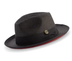 Black Wide Brim Braided Pinch Fedora Hat With Red Bottom