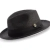 Black Wide Brim Braided Pinch Fedora Hat With White Bottom