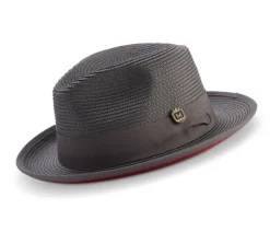 Gray Wide Brim Braided Pinch Fedora Hat With Red Bottom
