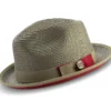Two Tone Braided Ribbon Stingy Brim Pinch Fedora - Olive With Red Bottom