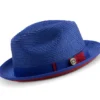 Two Tone Braided Ribbon Stingy Brim Pinch Fedora - Royal Blue With Red Bottom
