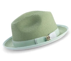 Two Tone Ribbon Stingy Brim Pinch Braided Fedora - Apple With White Bottom