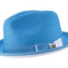 Two Tone Ribbon Stingy Brim Pinch Braided Fedora - Aqua With White Bottom