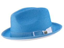 Two Tone Ribbon Stingy Brim Pinch Braided Fedora - Aqua With White Bottom