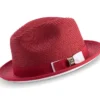 Two Tone Ribbon Stingy Brim Pinch Braided Fedora - Cranberry With White Bottom