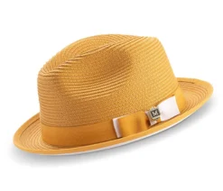 Two Tone Ribbon Stingy Brim Pinch Braided Fedora - Gold With White Bottom