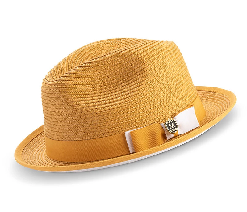 Two Tone Ribbon Stingy Brim Pinch Braided Fedora - Gold With White Bottom 1 Two Tone Ribbon Stingy Brim Pinch Braided Fedora - Gold With White Bottom