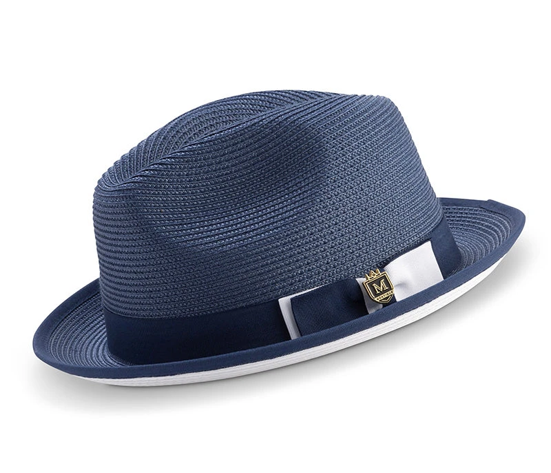 Two Tone Ribbon Stingy Brim Pinch Braided Fedora - Navy With White Bottom 1 Two Tone Ribbon Stingy Brim Pinch Braided Fedora - Navy With White Bottom