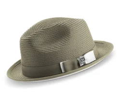 Two Tone Ribbon Stingy Brim Pinch Braided Fedora - Olive With White Bottom