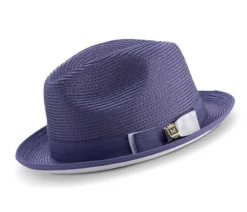 Two Tone Ribbon Stingy Brim Pinch Braided Fedora - Purple With White Bottom