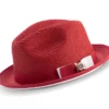Two Tone Ribbon Stingy Brim Pinch Braided Fedora - Red With White Bottom