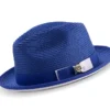 Two Tone Ribbon Stingy Brim Pinch Braided Fedora - Royal Blue With White Bottom