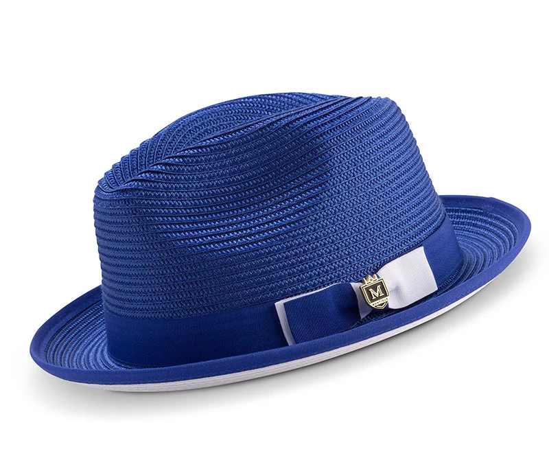 Two Tone Ribbon Stingy Brim Pinch Braided Fedora - Royal Blue With White Bottom 1 Two Tone Ribbon Stingy Brim Pinch Braided Fedora - Royal Blue With White Bottom