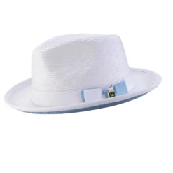 Braided Stingy Brim Pinch Fedora Hat - White With Carolina Bottom