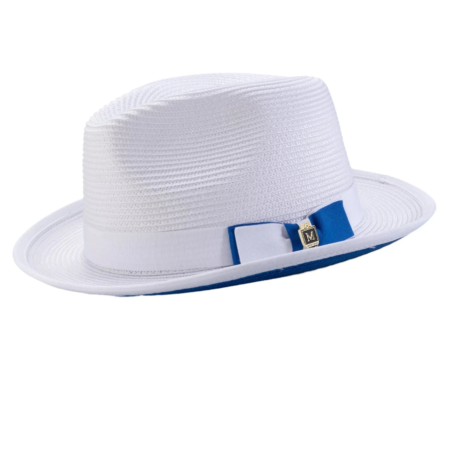 Braided Stingy Brim Pinch Fedora Hat - White With Cobalt Bottom 1 Braided Stingy Brim Pinch Fedora Hat - White With Cobalt Bottom