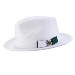 Braided Stingy Brim Pinch Fedora Hat - White With Emerald Bottom