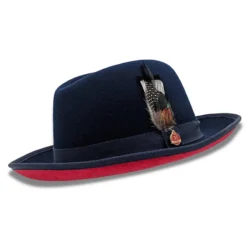 Navy 2 ¾" Brim Red Bottom Wool Felt Dress Hat