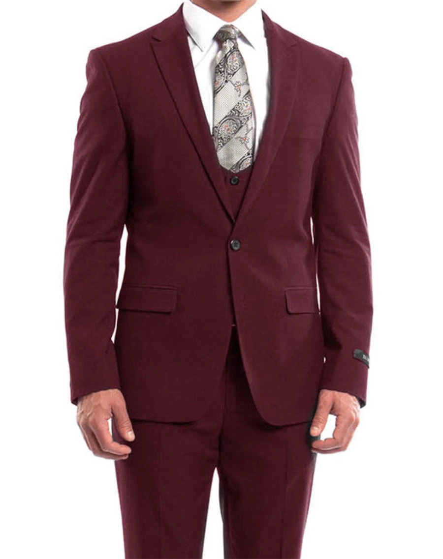 Burgundy Solid Color 3 Piece Slim Fit Suit 1 Button Peak Lapel 1 Burgundy Solid Color 3 Piece Slim Fit Suit 1 Button Peak Lapel