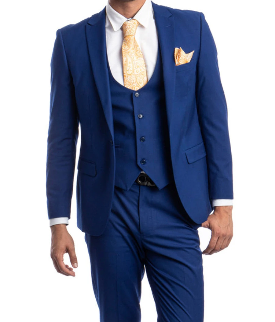 Indigo Solid Color 3 Piece Slim Fit Suit 1 Button Peak Lapel 1 Indigo Solid Color 3 Piece Slim Fit Suit 1 Button Peak Lapel