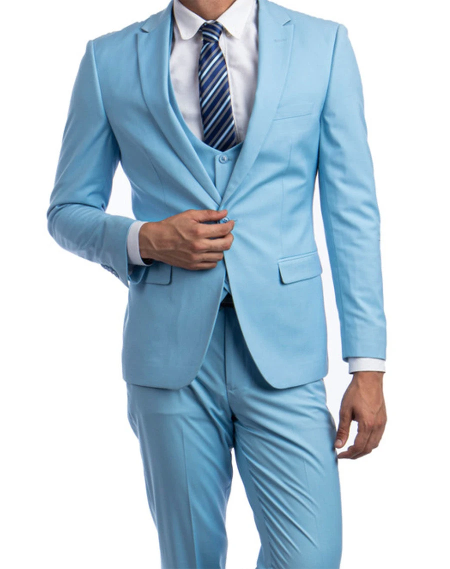 Sky Blue Solid Color 3 Piece Slim Fit Suit 1 Button Peak Lapel 1 Sky Blue Solid Color 3 Piece Slim Fit Suit 1 Button Peak Lapel