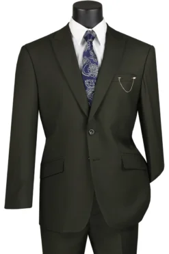 Olive Modern Fit 2 Piece Suit Textured Solid With Peak Lapel
