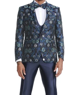 Navy Slim Fit Tuxedo 4 Piece Floral Pattern With Bow Tie