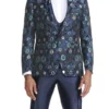 (44R) Navy Slim Fit Tuxedo 4 Piece Floral Pattern With Bow Tie
