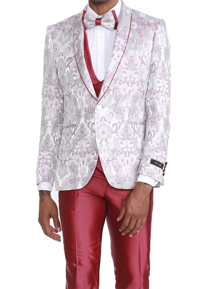 Pink Slim Fit Tuxedo 4 Piece Floral Pattern With Bow Tie 1 Pink Slim Fit Tuxedo 4 Piece Floral Pattern With Bow Tie