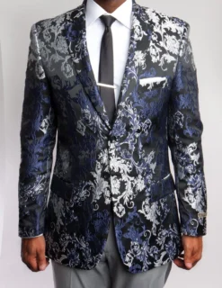 Empire Collection - Mens Modern Fit Black And Silver Floral Sports Coat