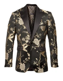 Empire Collection - Gold And Black Slim Fit Floral Pattern Sports Coat