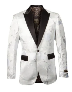 (XL, 2XL, 5XL) Empire Collection - White And Silver Slim Fit Floral Pattern Sports Coat