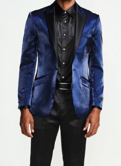 (2XL) Slim Fit Shine Blazer 1 Button With Satin Peak Lapel In Navy