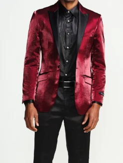Slim Fit Shine Blazer 1 Button With Satin Peak Lapel In Burgundy